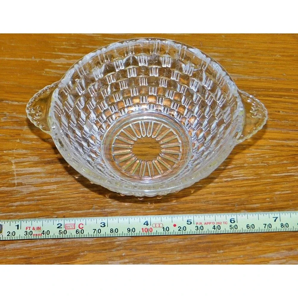 Vintage Clear Glass Berry Bowl Basket Weave Pattern Double Tab Handles